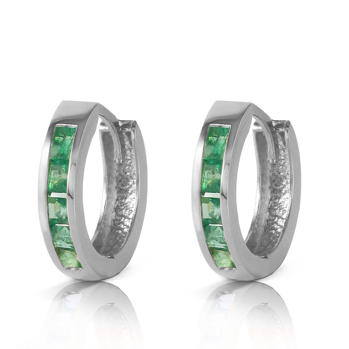 14K. SOLID WHITE GOLD HOOP HUGGIE EARRING WITH NATURAL EMERALDS
