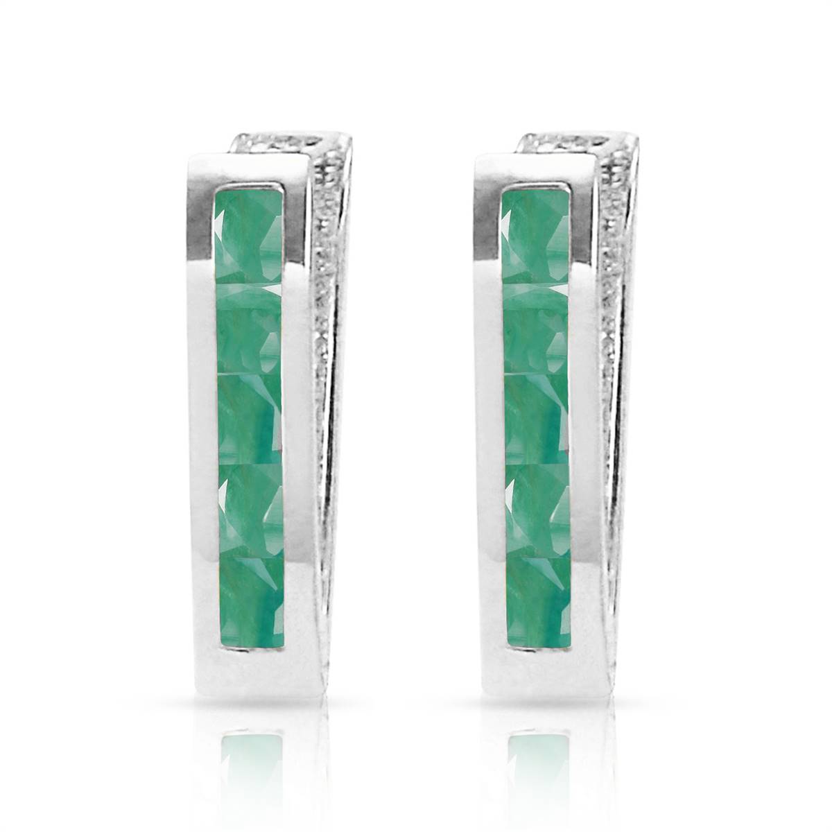 14K. SOLID WHITE GOLD OVAL HUGGIE EARRING WITH EMERALDS