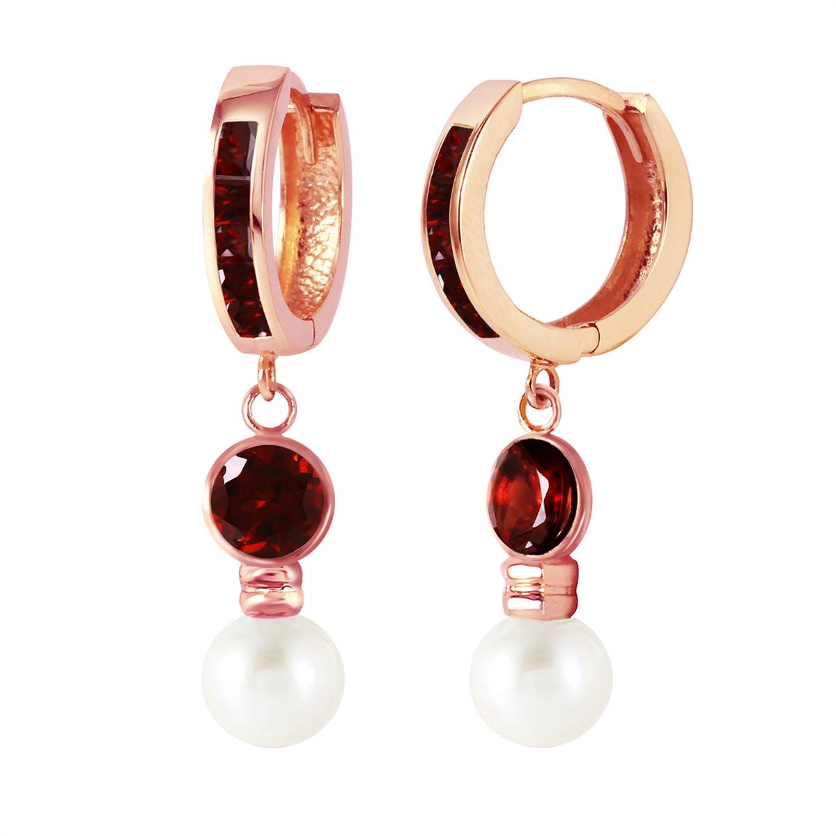 4.3 Carat 14K Solid Rose Gold Huggie Earrings Pearl Garnet