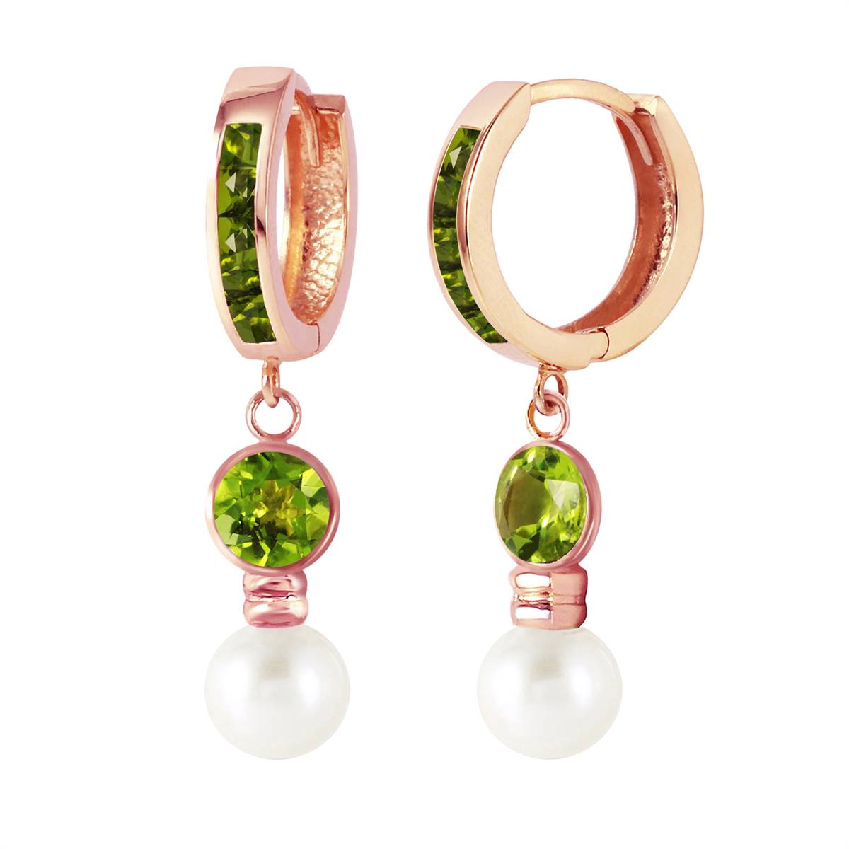 4.3 Carat 14K Solid Rose Gold Huggie Earrings Pearl Peridot