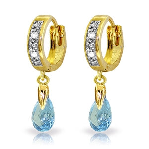 1.37 Carat 14K Solid Yellow Gold Hoop Earrings Diamond Blue Topaz