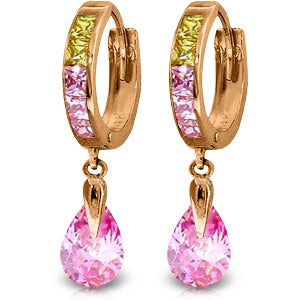 14K Solid Rose Gold Dangling Pink Cubic Zirconia Pear Hoop Earrings