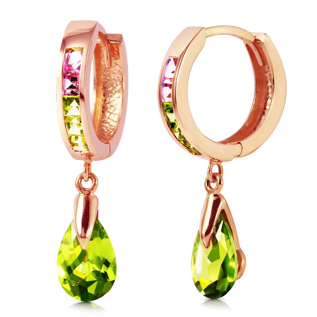 14K Solid Rose Gold Dangling Green Cubic Zirconia Pear Hoop Earrings