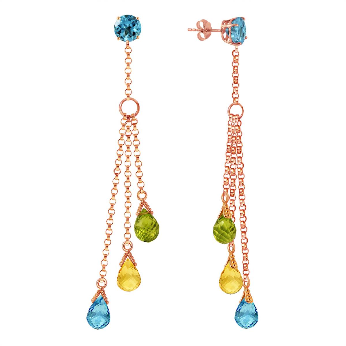 14K Solid Rose Gold Chandelier Earrings w/ Blue Topaz, Citrines & Peridots