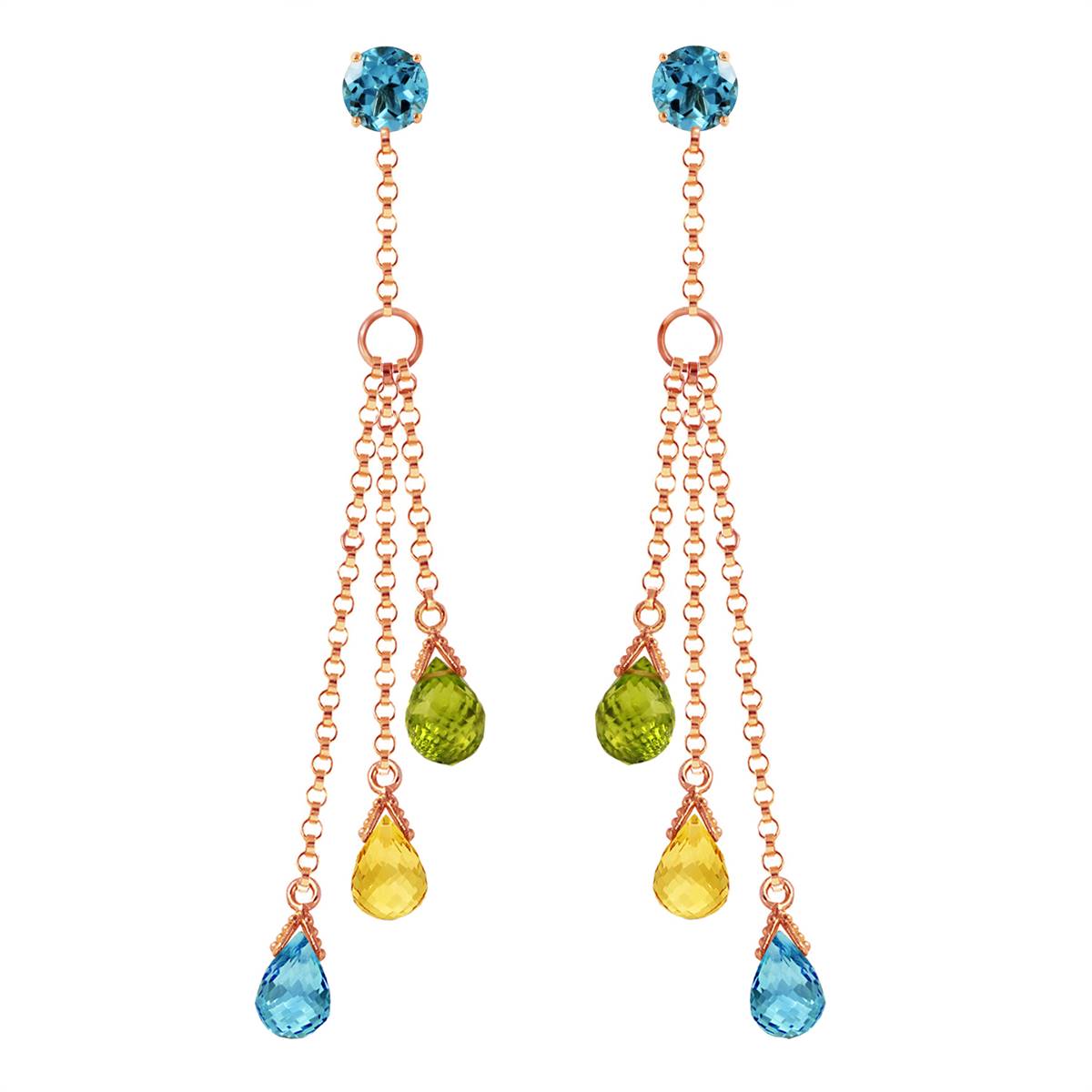 14K Solid Rose Gold Chandelier Earrings w/ Blue Topaz, Citrines & Peridots
