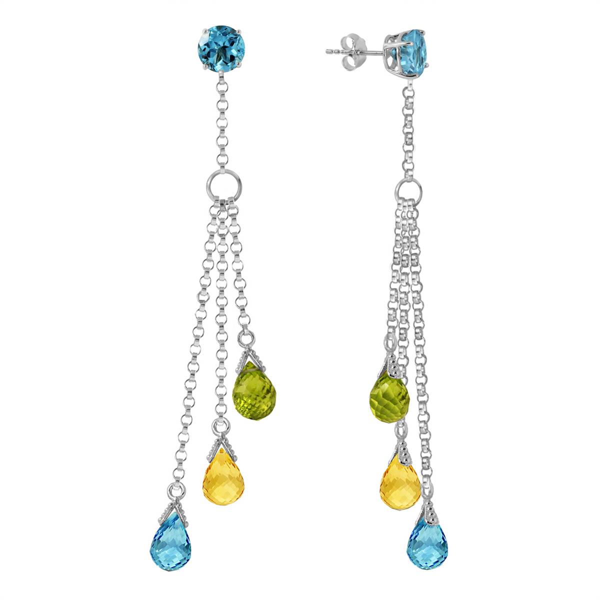 14K Solid White Gold Chandelier Earrings w/ Blue Topaz, Citrines & Peridots