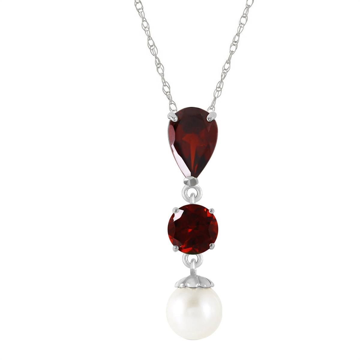 14K Solid White Gold Necklace w/ Garnets & Pearl