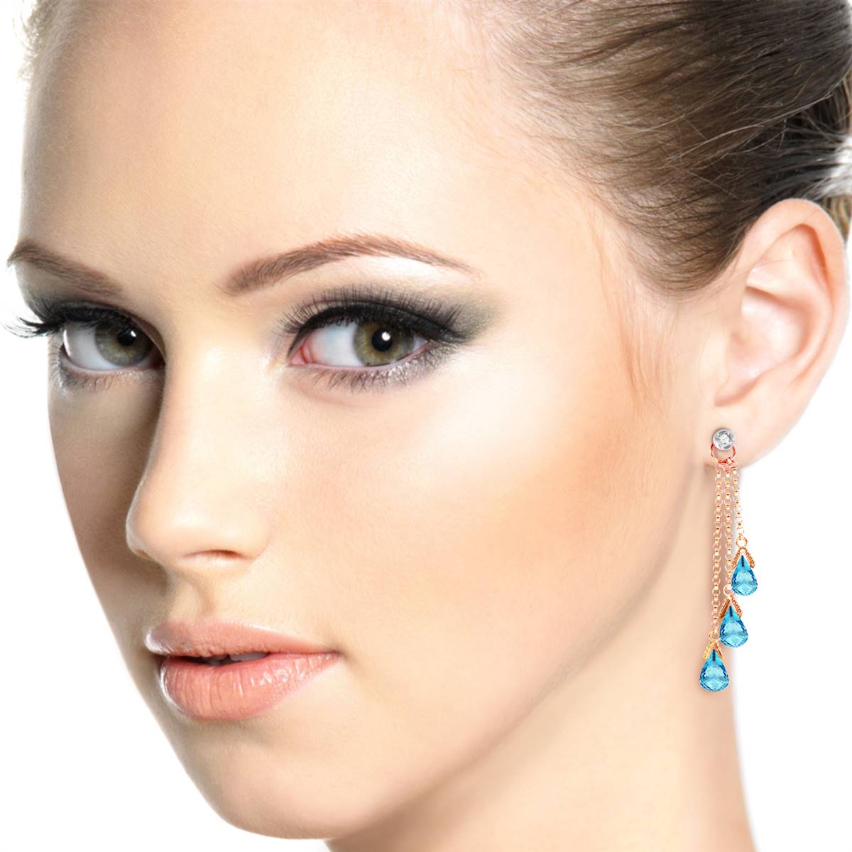 14K Solid Rose Gold Chandelier Earrings w/ Diamonds & Blue Topaz