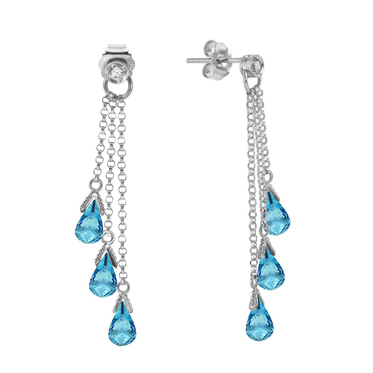 14K Solid White Gold Chandelier Earrings w/ Diamonds & Blue Topaz