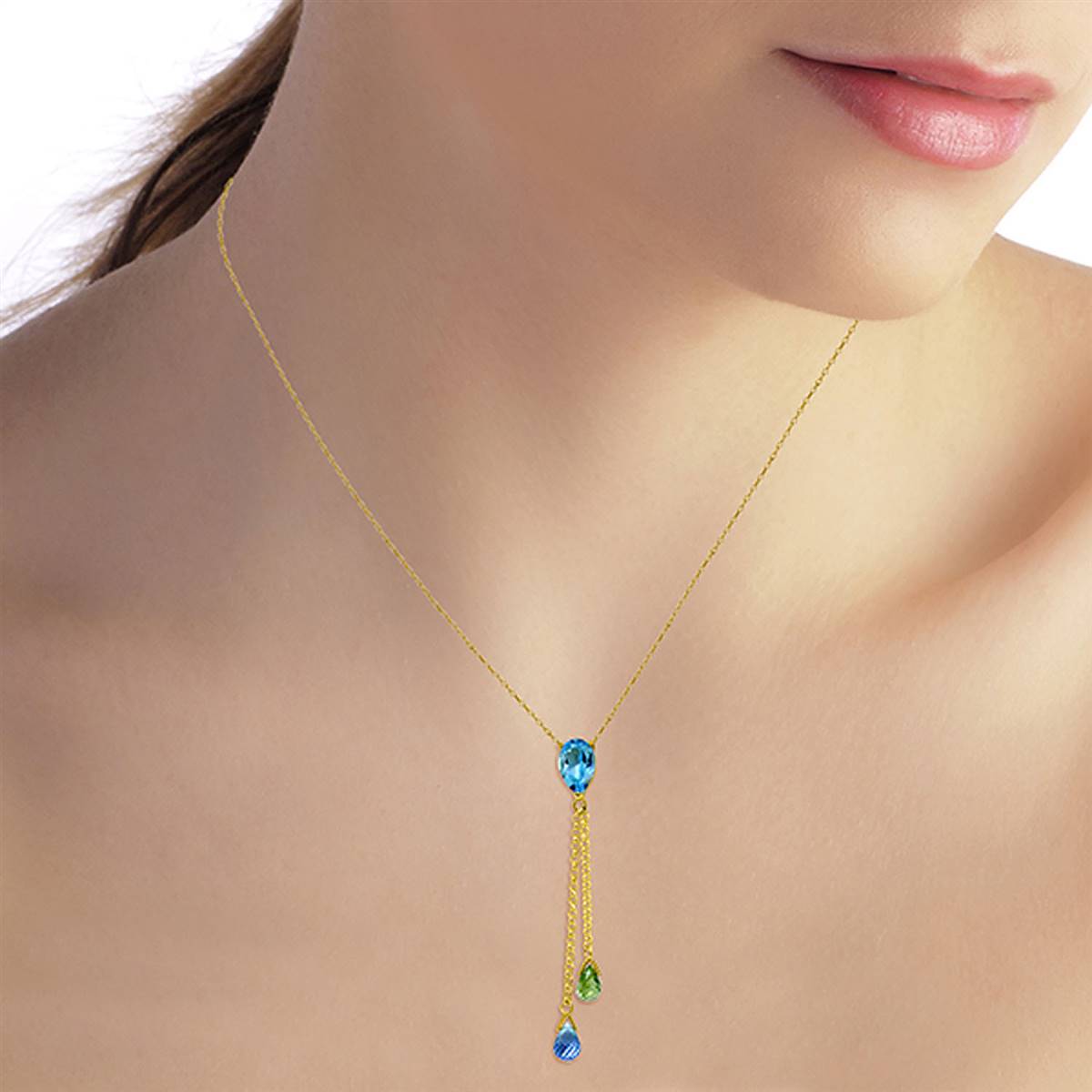 3.75 Carat 14K Solid Yellow Gold Necklace Blue Topaz Peridot