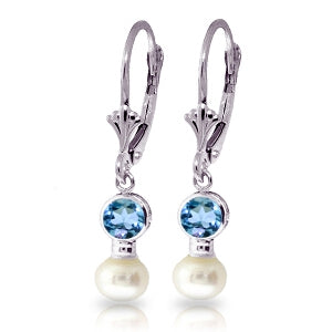 5.2 Carat 14K Solid White Gold Leverback Earrings Pearl Blue Topaz