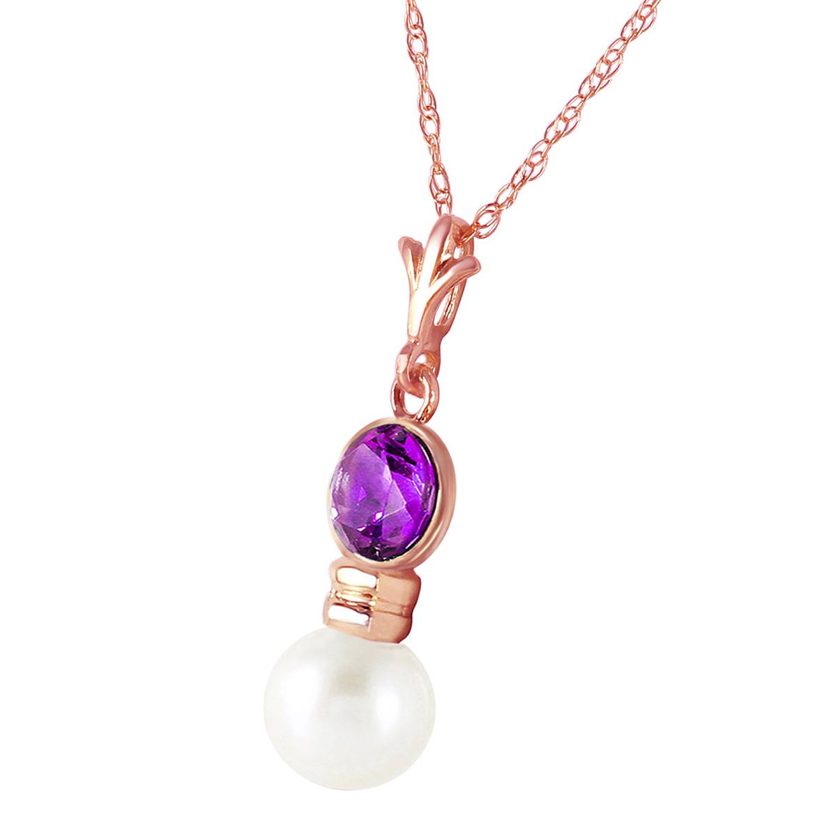 14K Solid Rose Gold Necklace w/ Amethyst & Pearl
