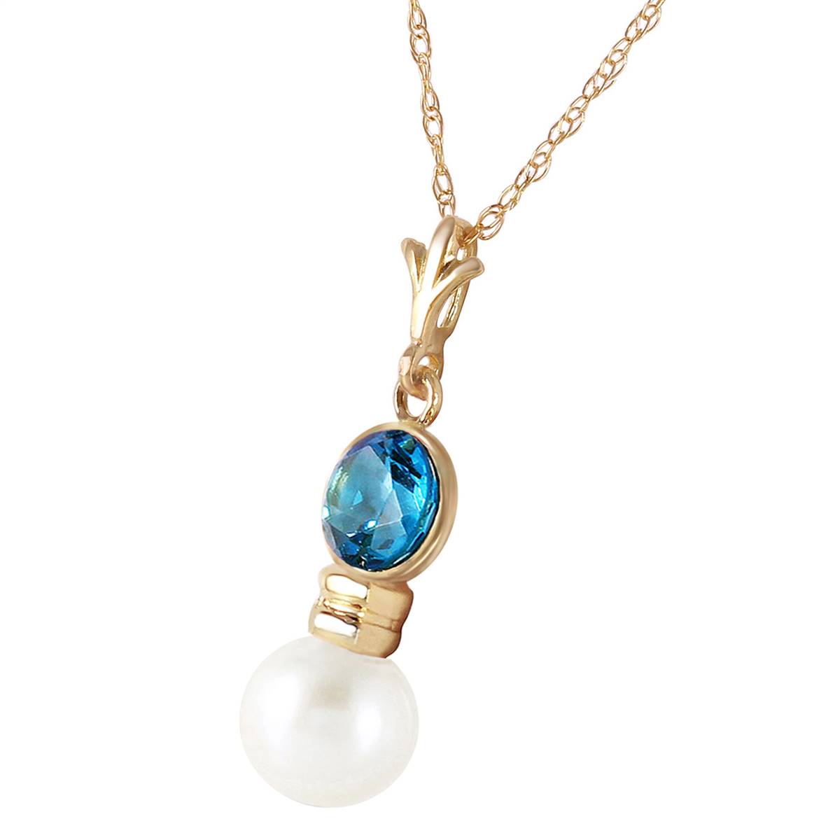 1.23 Carat 14K Solid Yellow Gold Necklace Blue Topaz Pearl