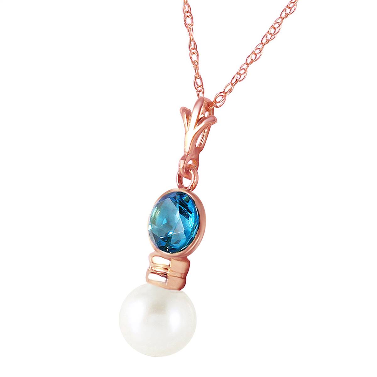 14K Solid Rose Gold Blue Topaz & Pearl Necklace Gemstone