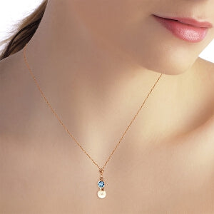14K Solid Rose Gold Blue Topaz & Pearl Necklace Gemstone