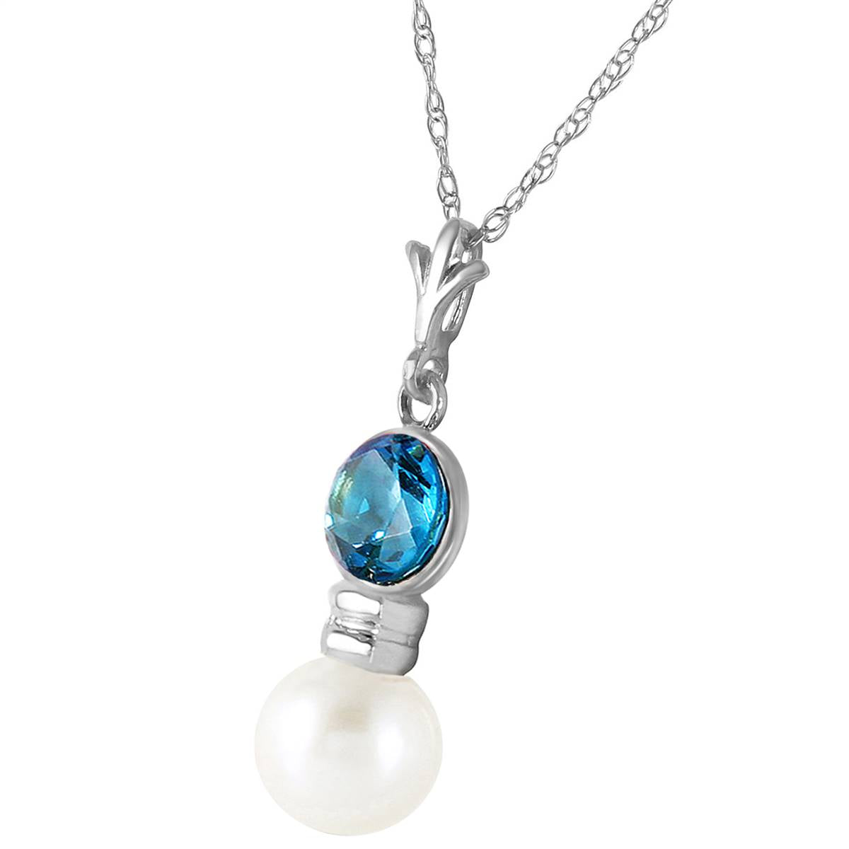 1.23 Carat 14K Solid White Gold Necklace Blue Topaz Pearl