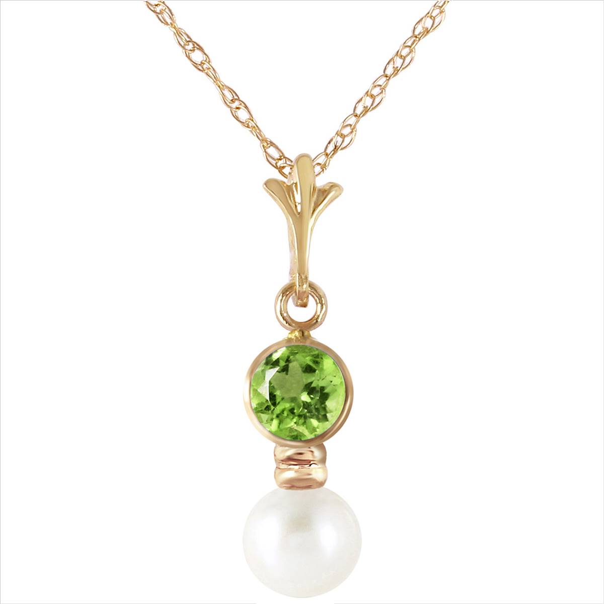 1.23 Carat 14K Solid Yellow Gold Necklace Peridot Pearl