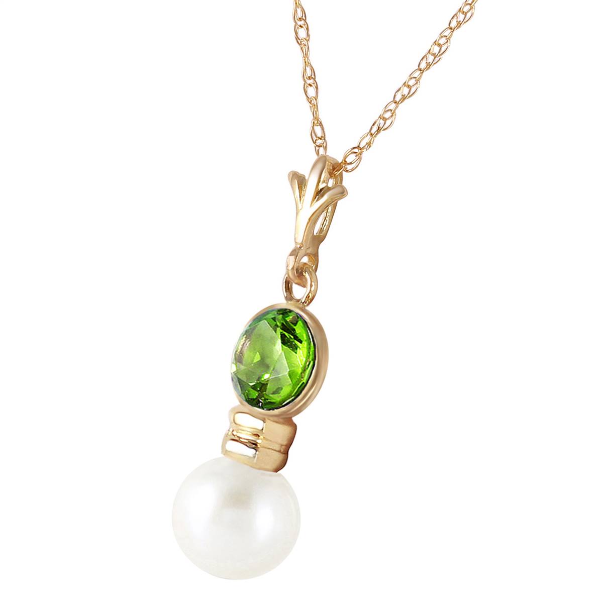 1.23 Carat 14K Solid Yellow Gold Necklace Peridot Pearl