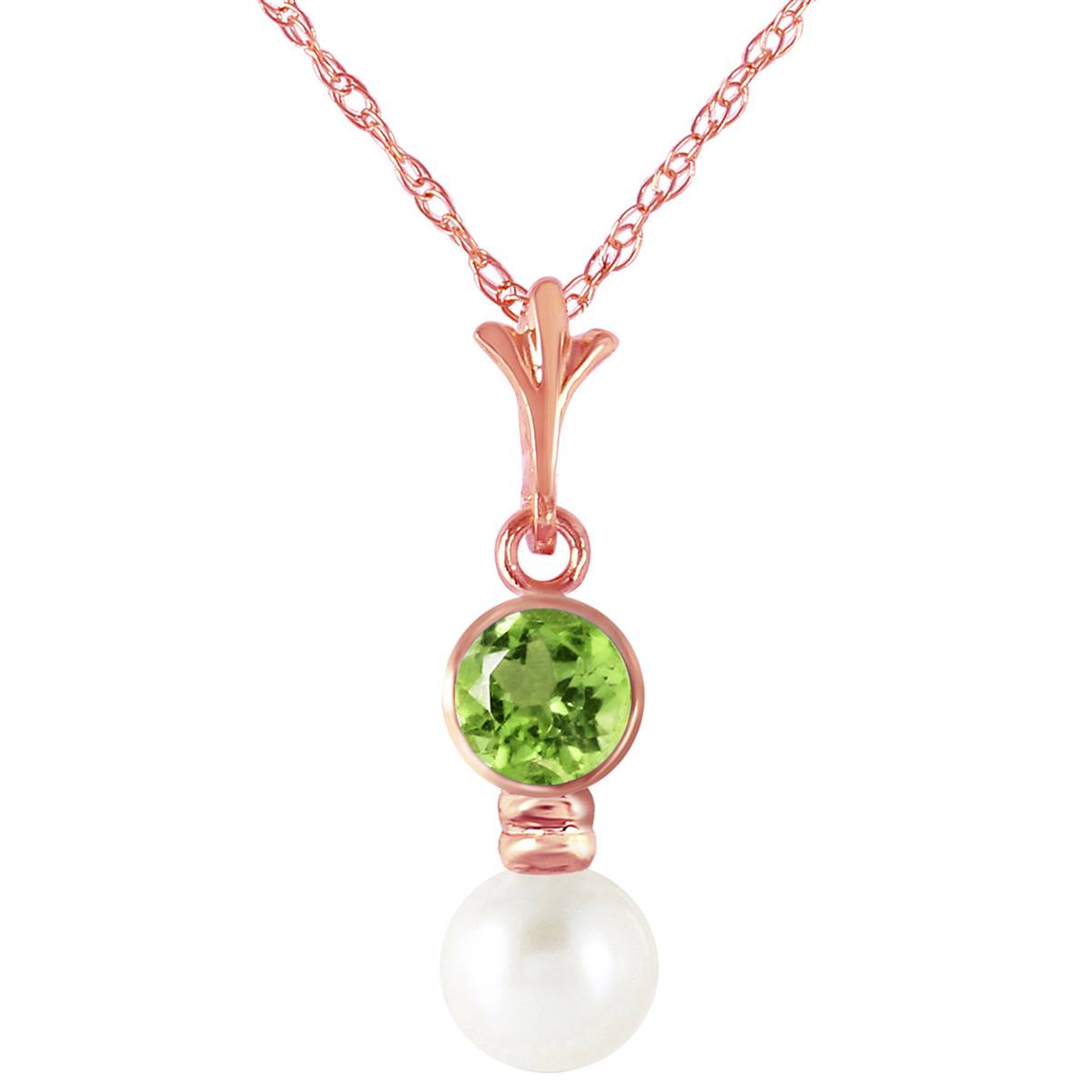14K Solid Rose Gold Necklace w/ Peridot & Pearl