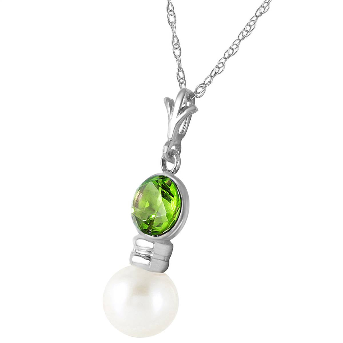 1.23 Carat 14K Solid White Gold Necklace Peridot Pearl