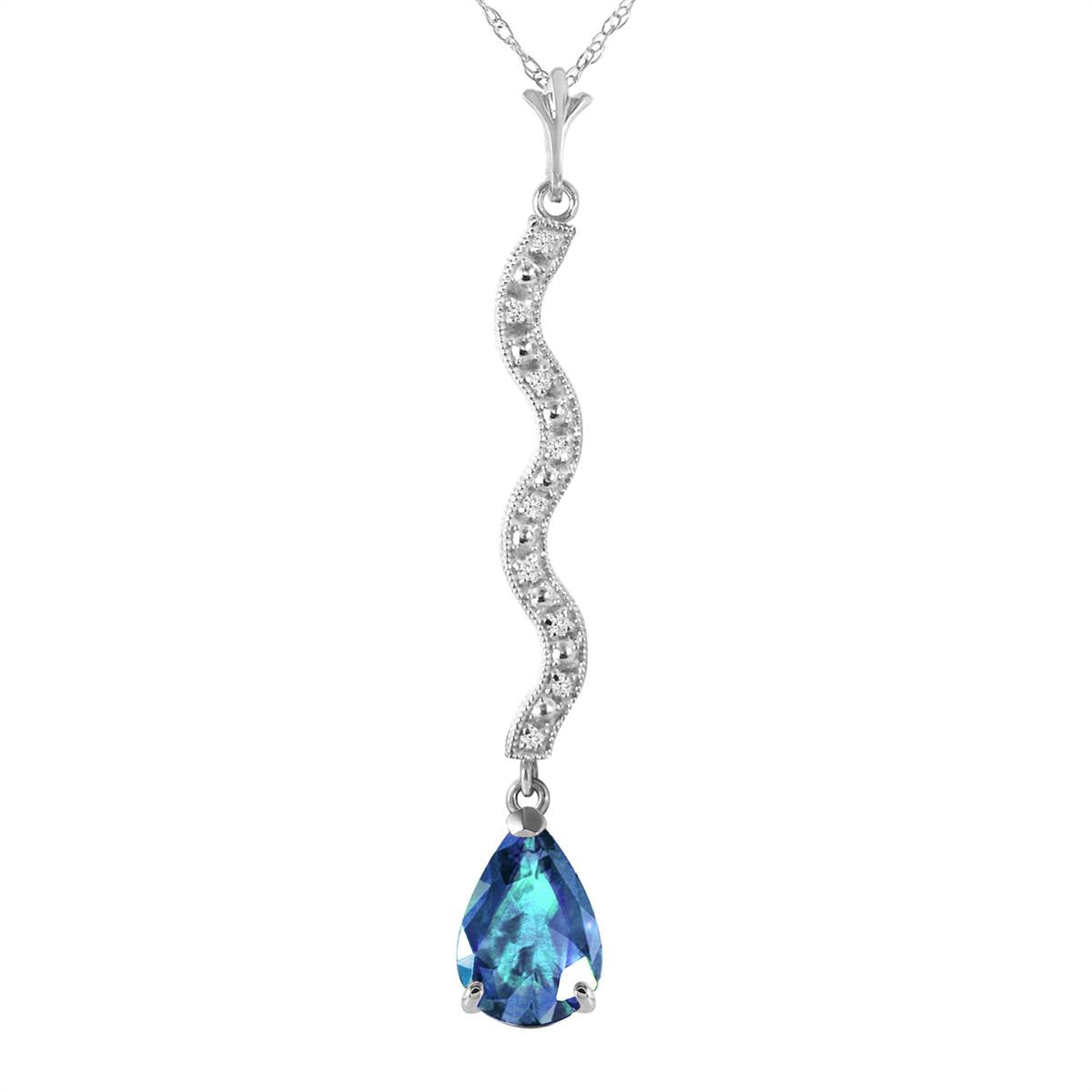 14K Solid White Gold Necklace w/ Diamonds & Blue Topaz