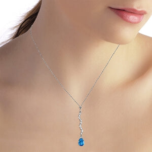 14K Solid White Gold Necklace w/ Diamonds & Blue Topaz