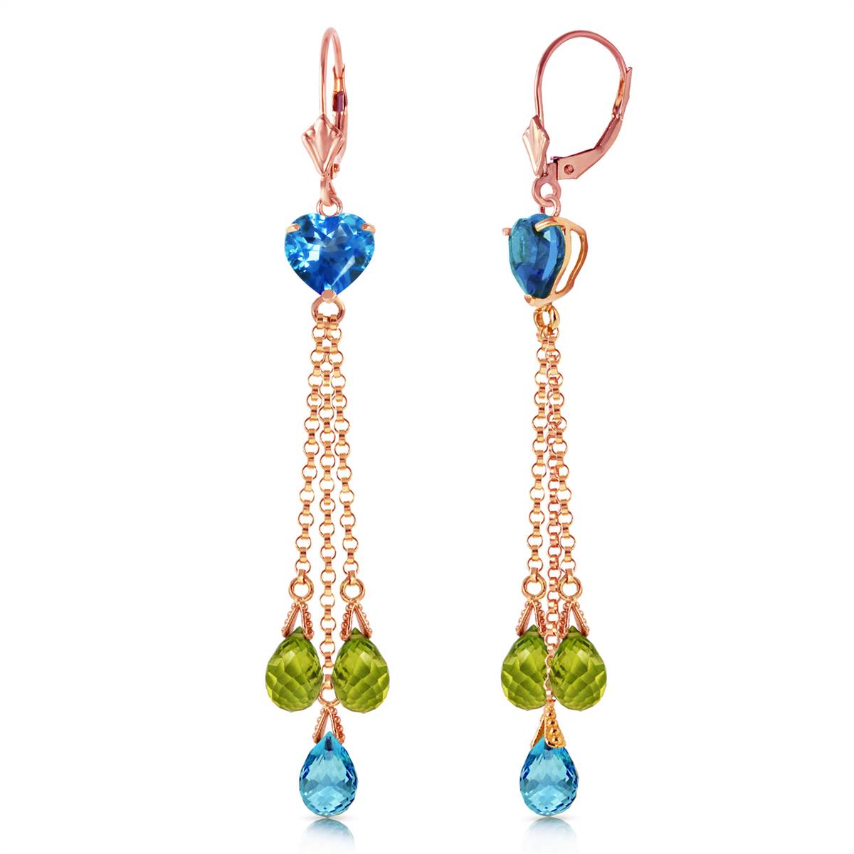 14K Solid Rose Gold Chandelier Earrings Briolette Blue Topaz & Peridots