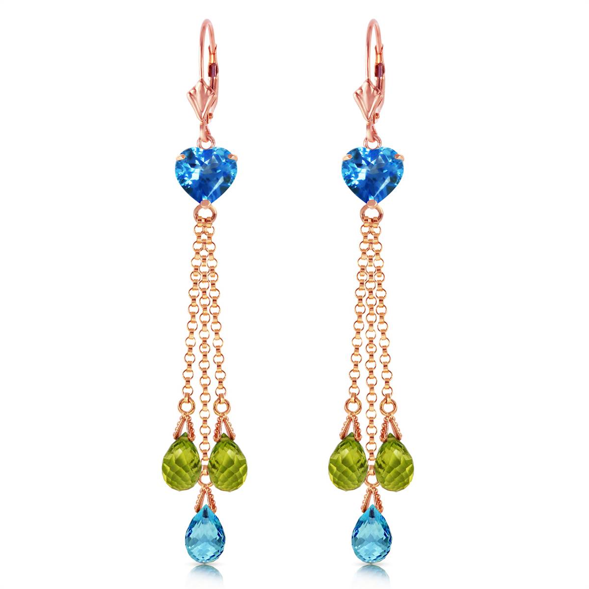 14K Solid Rose Gold Chandelier Earrings Briolette Blue Topaz & Peridots