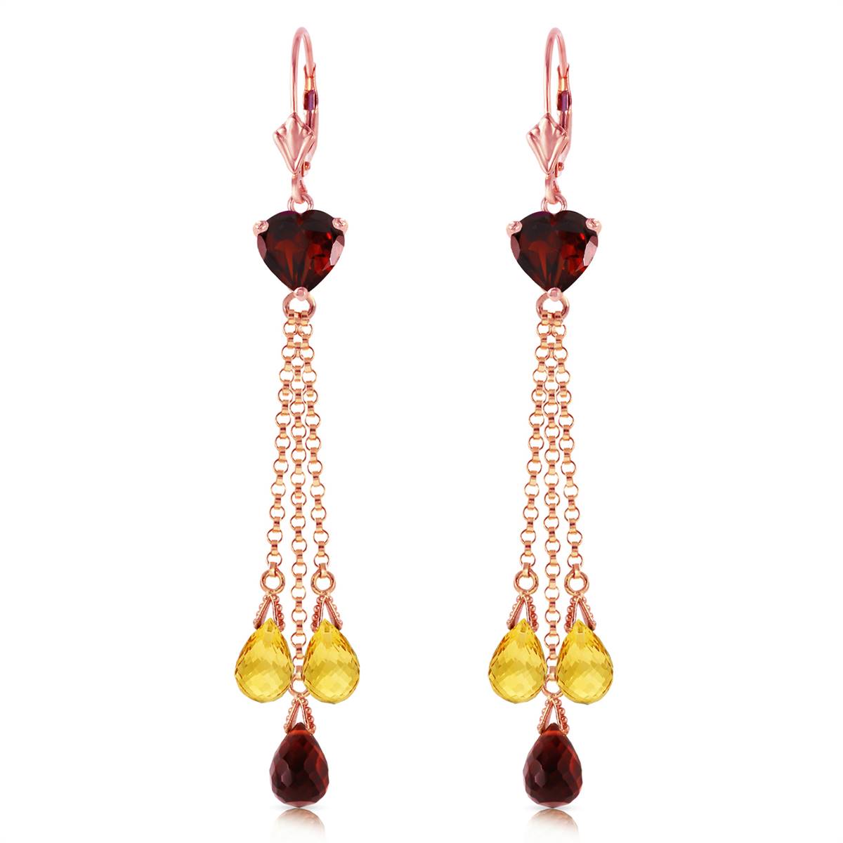 14K Solid Rose Gold Chandelier Earrings w/ Briolette Garnets & Citrines