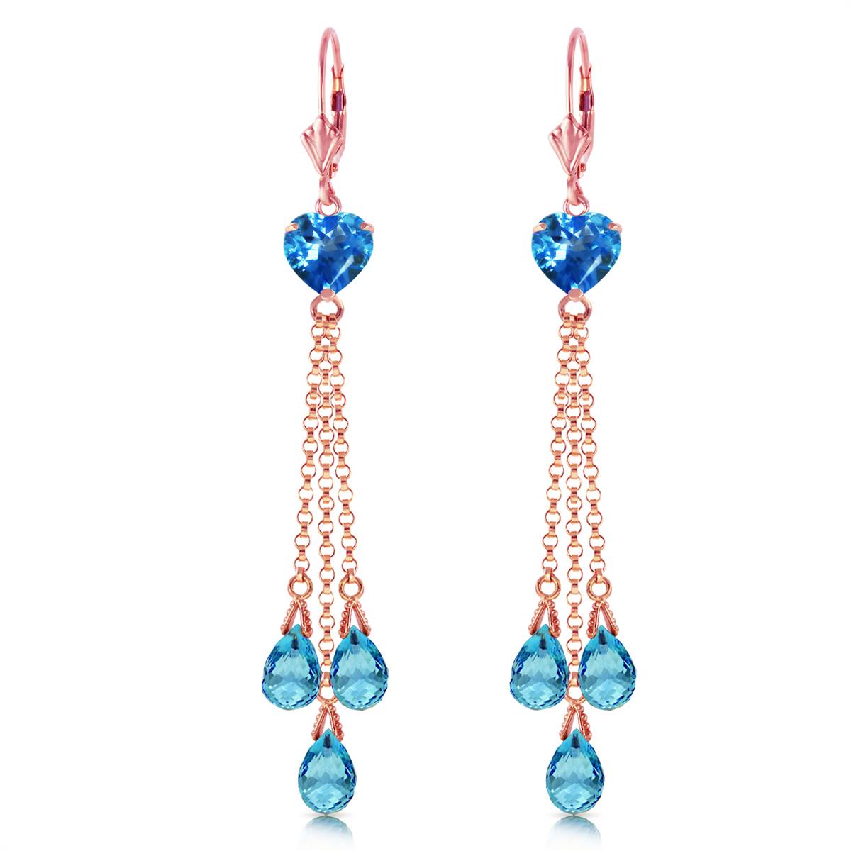 14K Solid Rose Gold Chandelier Briolette Blue Topaz Earrings