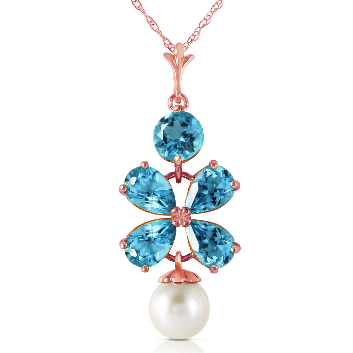 14K Solid Rose Gold Blue Topaz & Pearl Necklace Jewelry