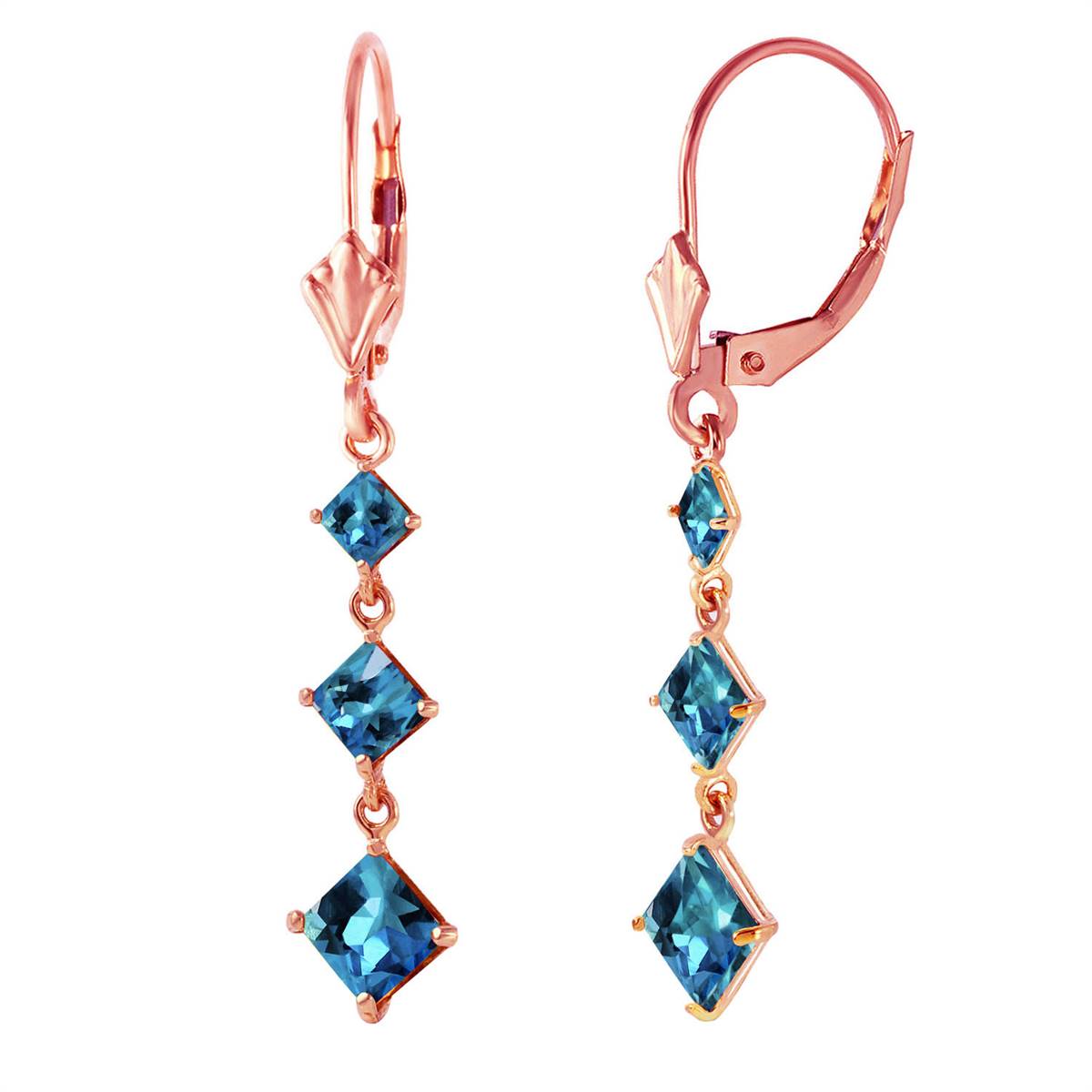 4.79 Carat 14K Solid Rose Gold Square Blue Topaz Drop Earrings
