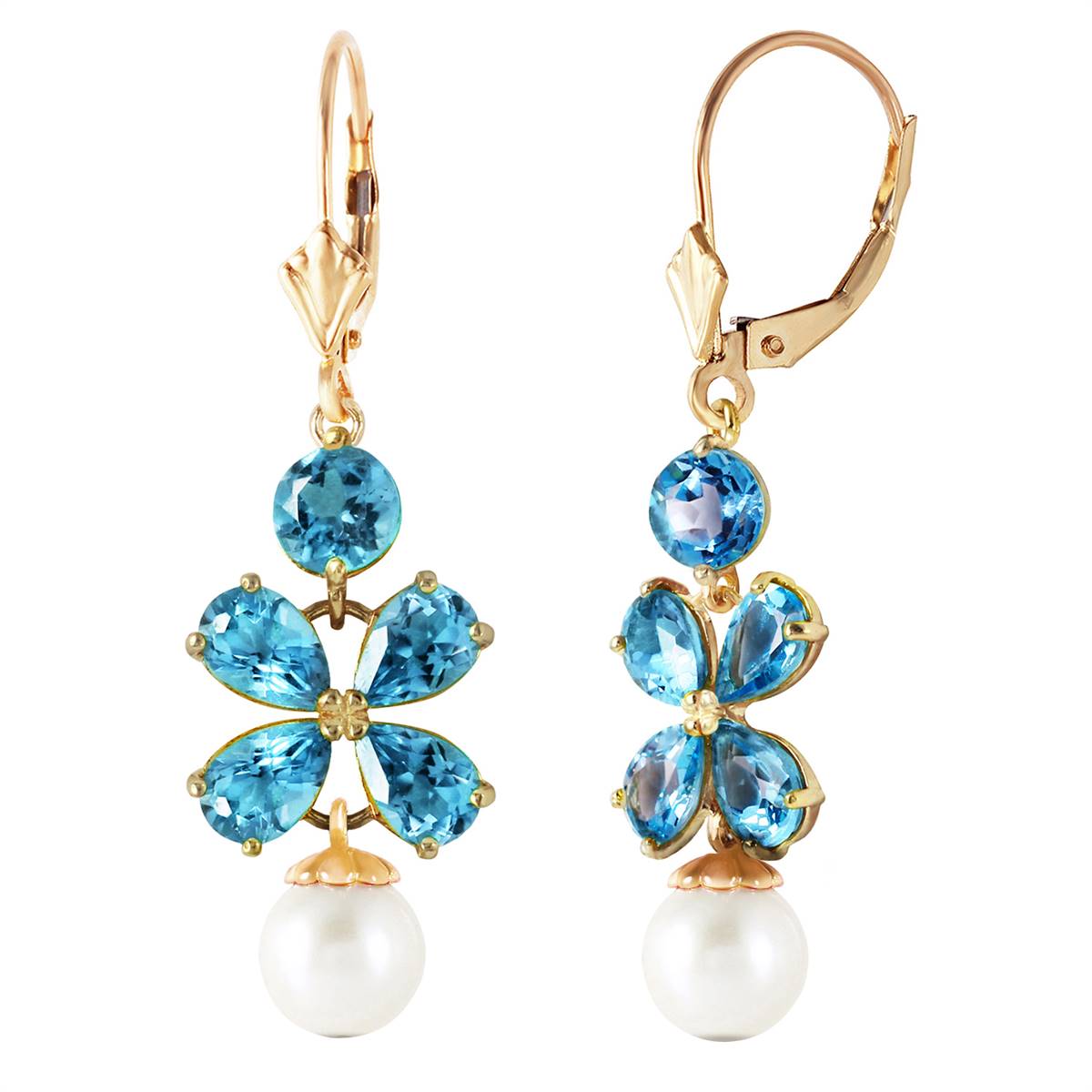 6.28 Carat 14K Solid Yellow Gold Chandelier Earrings Blue Topaz Pearl