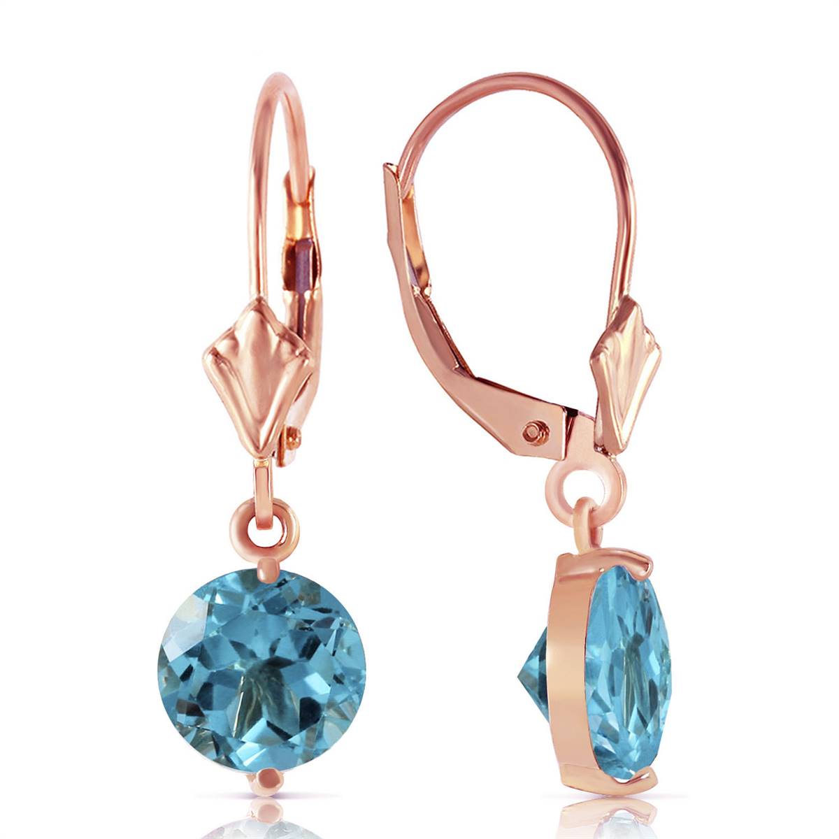 3.1 Carat 14K Solid Rose Gold Round Blue Topaz Leverback Earrings