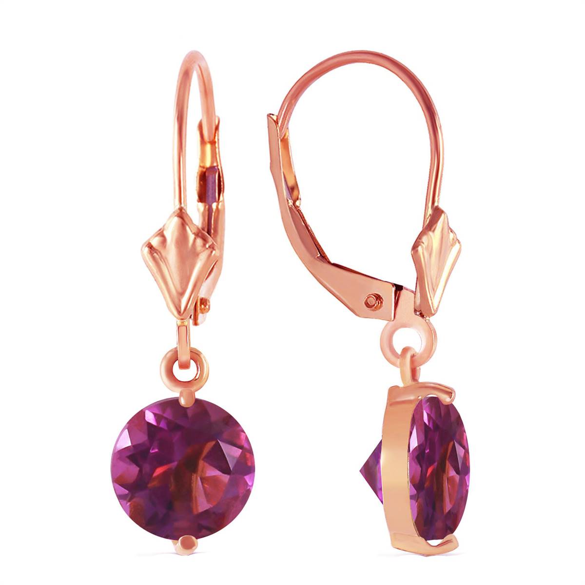 3.1 Carat 14K Solid Rose Gold Round Amethyst Leverback Earrings