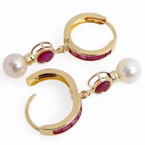 4.65 Carat 14K Solid White Gold Huggie Earrings Pearl Ruby