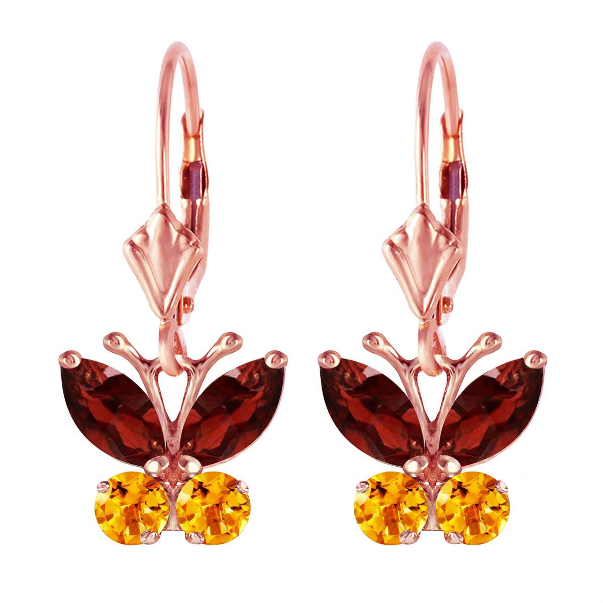 1.24 Carat 14K Solid Rose Gold Butterfly Earrings Garnet Citrine