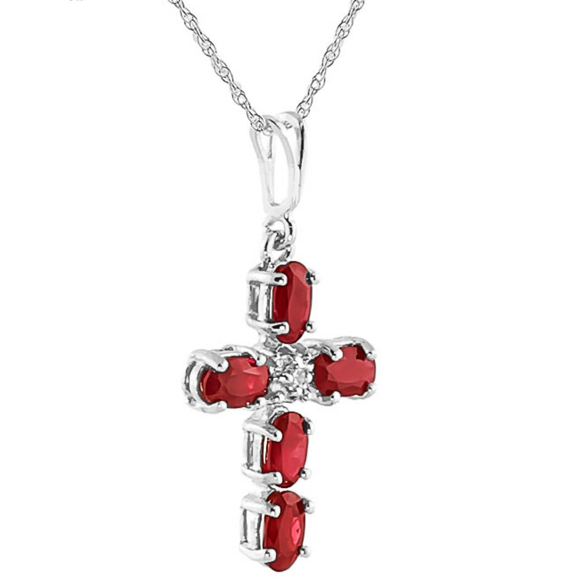 1.75 Carat 14K Solid White Gold Cross Necklace Natural Diamond Ruby