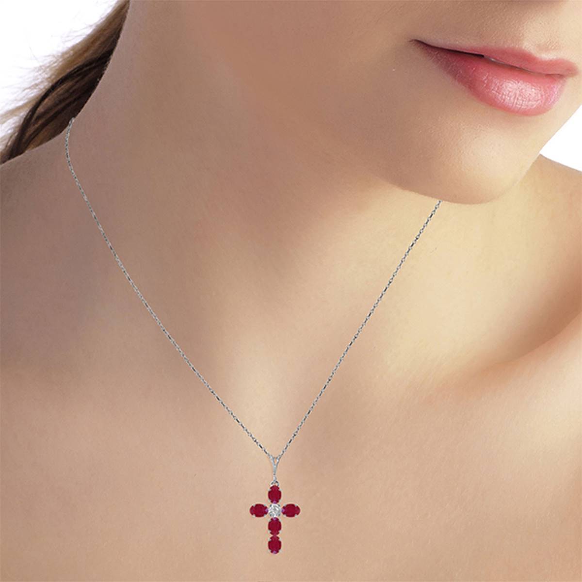 1.75 Carat 14K Solid White Gold Cross Necklace Natural Diamond Ruby