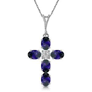 1.88 Carat 14K Solid White Gold Cross Necklace Natural Diamond Sapphire