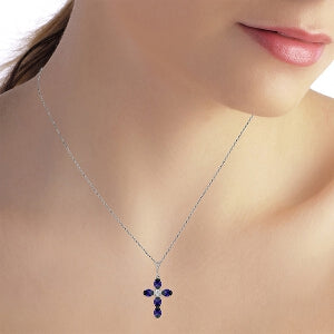 1.88 Carat 14K Solid White Gold Cross Necklace Natural Diamond Sapphire