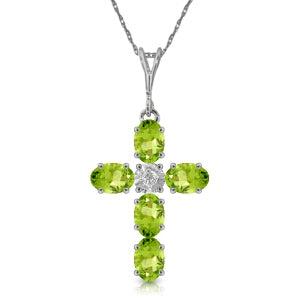 1.88 Carat 14K Solid White Gold Cross Necklace Natural Diamond Peridot