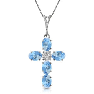 1.75 Carat 14K Solid White Gold Cross Necklace Natural Diamond Blue Topaz