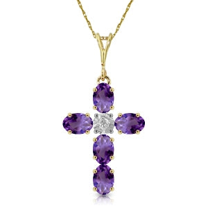 1.75 Carat 14K Solid Gold Cross Necklace Natural Diamond Purple Amethyst