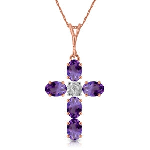 1.75 Carat 14K Solid Rose Gold Cross Necklace Natural Diamond Purple Amethyst