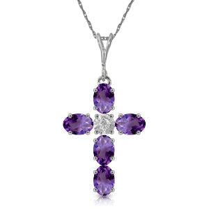 1.75 Carat 14K Solid White Gold Cross Necklace Natural Diamond Purple Amethyst