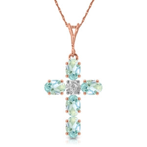 1.75 Carat 14K Solid Rose Gold Cross Necklace Natural Diamond Aquamarine