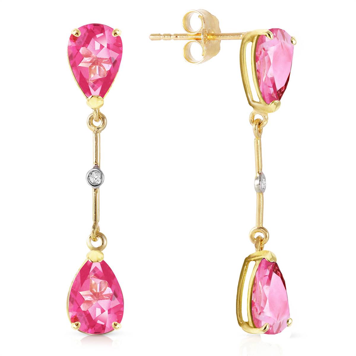 7.01 Carat 14K Solid Yellow Gold Diamond Pink Topaz Dangling Earrings