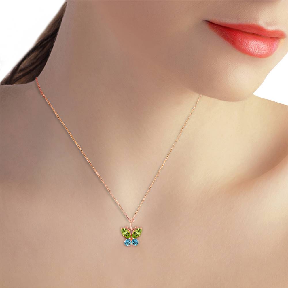 0.6 Carat 14K Solid Rose Gold Butterfly Necklace Blue Topaz Peridot