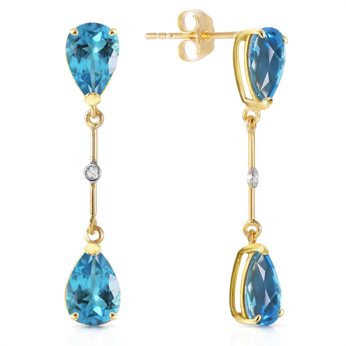 7.01 Carat 14K Solid Yellow Gold Diamond Blue Topaz Dangling Earrings